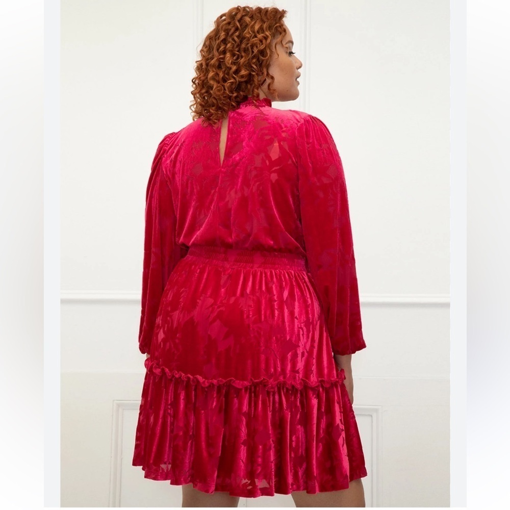 Eloquii Pink Mock Neck Barbiecore Midi Dress velvet burnout romantic formal - Picture 2 of 14
